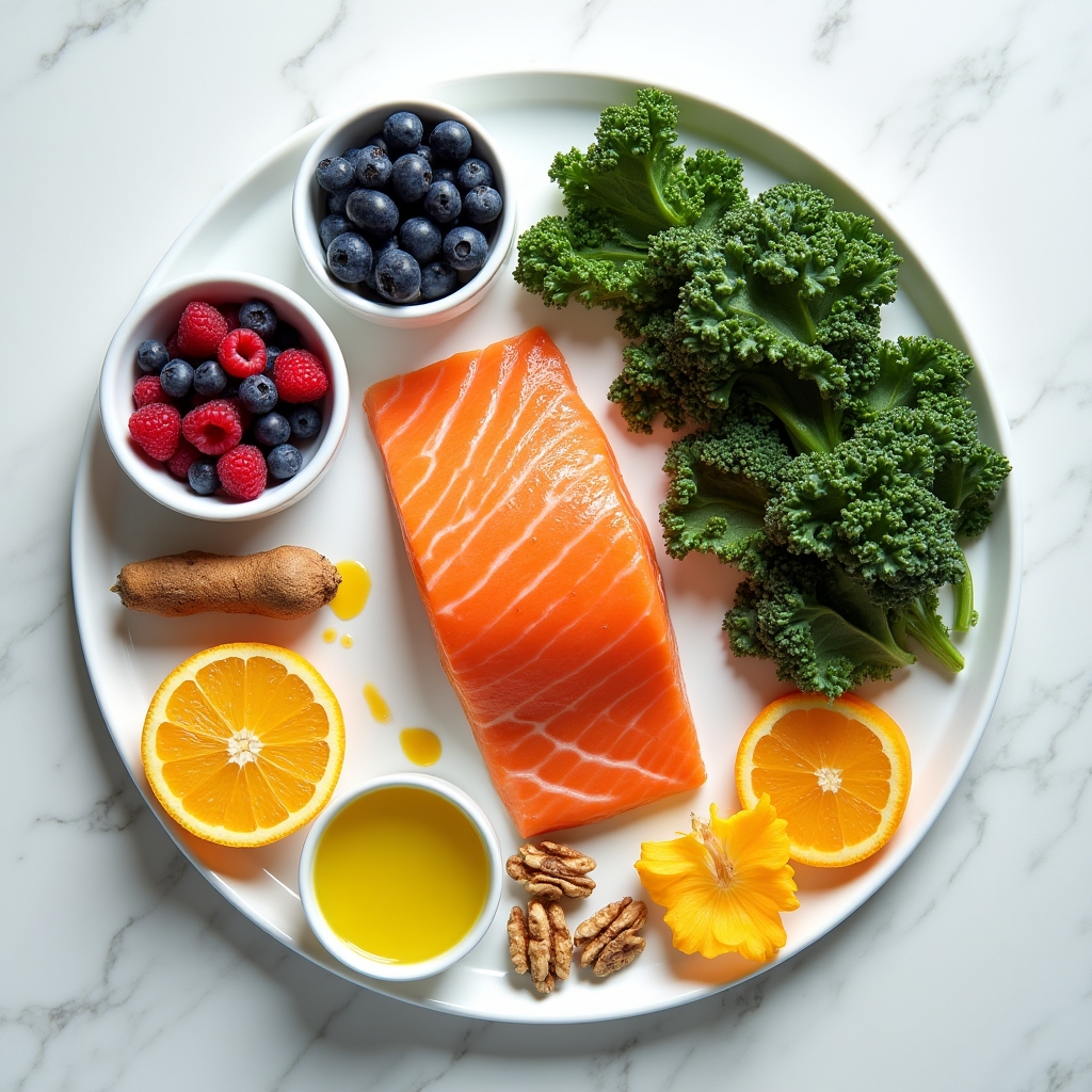 Overhead flat-lay of colorful anti-inflammatory foods including turmeric, berries, olive oil, and dark leafy greens on a white surface, bright even lighting