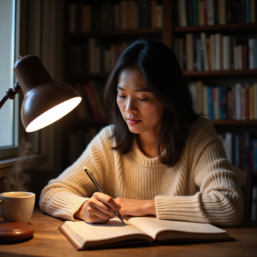 Person writing in a recovery journal at a wooden desk, warm desk lamp, thoughtful expression, soft shadows on notebook pages