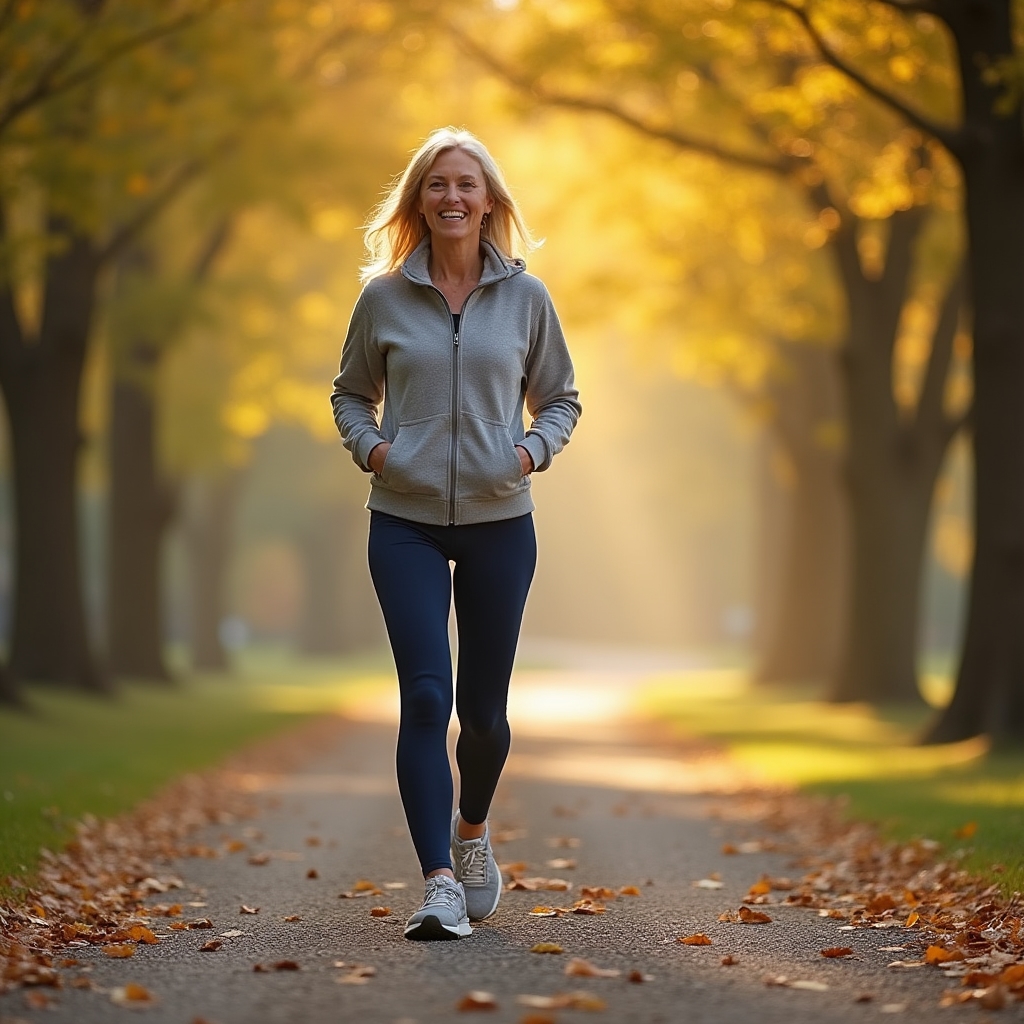 Person walking on a tree-lined outdoor path in morning light, relaxed posture, comfortable exercise clothing, dappled sunlight through leaves