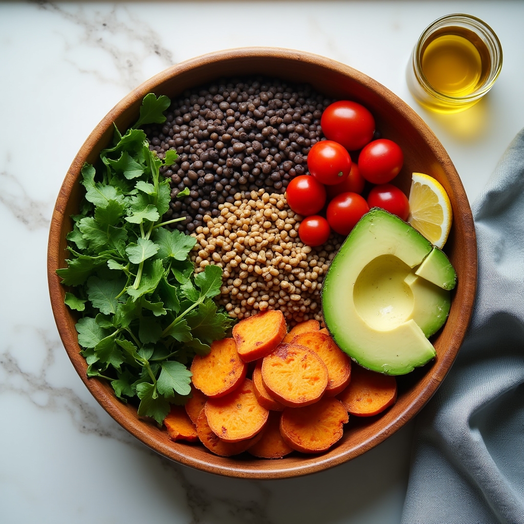 Wooden bowl filled with colorful whole foods including leafy greens, legumes, and grains on a light marble surface, natural window light
